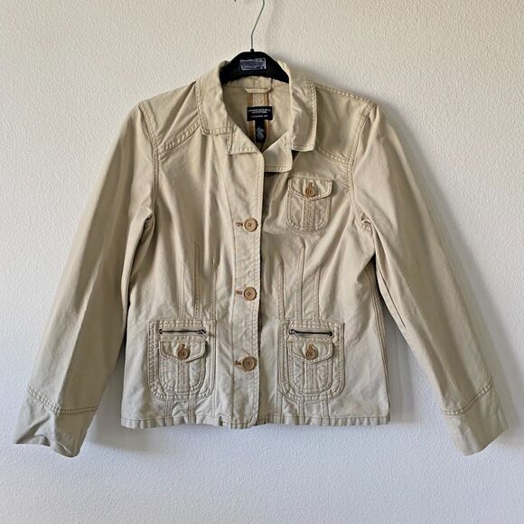 American Eagle Button Front Khaki Military‎ Style Jacket Beige Sz L Women - Picture 1 of 13